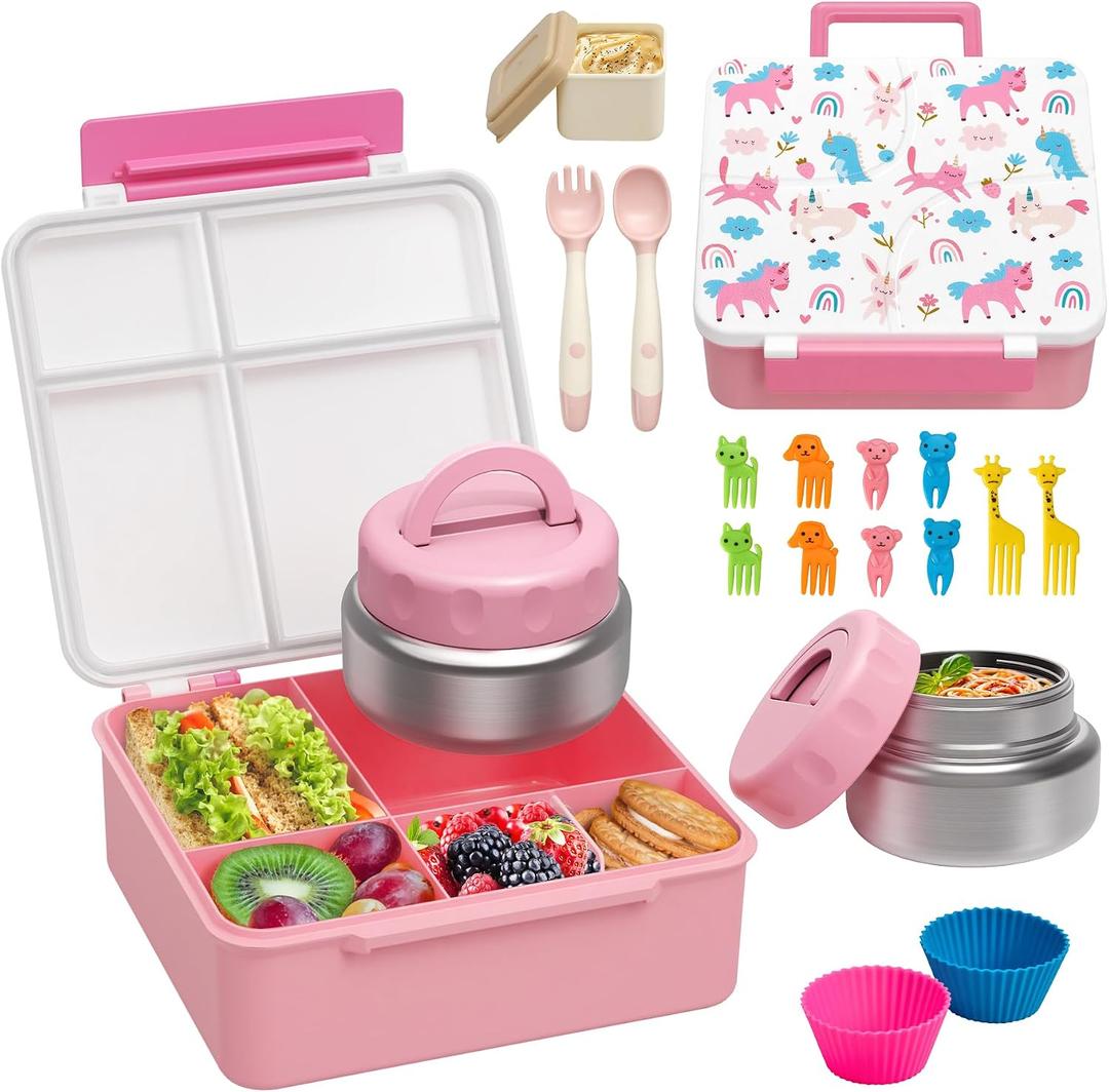 Bento Lunch Box with 9.5 oz Soup Thermo, Kids Leakproof 4 Compartments Bento Box with Silicone Cupcake,Fruit Fork,Spoon and Sauce Cup,Insulated Food Jar for School Travel-Rainbow Horse