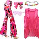 ATAMET 5 Pcs 60s 70s Hippie Costume Disco Outfits Fringe Vest Boho Bell Bottoms Peace Accessories Set Halloween for Women (Large, Pink)