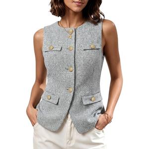 Tweed Vest Tops for Women - Summer Button Front Blazer | Fully Lined Round Neck with Pockets, Sleeveless Long Blazer, Tweed Dressy Vest, Business Casual Tops, Office Work Waistcoat (M)