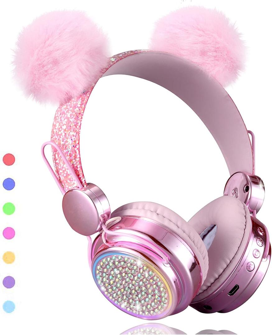 Wireless Girls Headphones Bluetooth, LED Light up Color Changing Kids Headphones with MIC, 10 Hours Anime Cute Headsets for School,Parties (Pink)