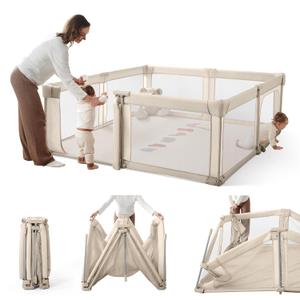 Foldable Baby Playpen,Portable Indoor & Outdoor Playpen for Babies and Toddlers,59”x79”Extra Large Play Pen with Gate,Collapsible Baby Fence with Travel Bag(Light Khaki)