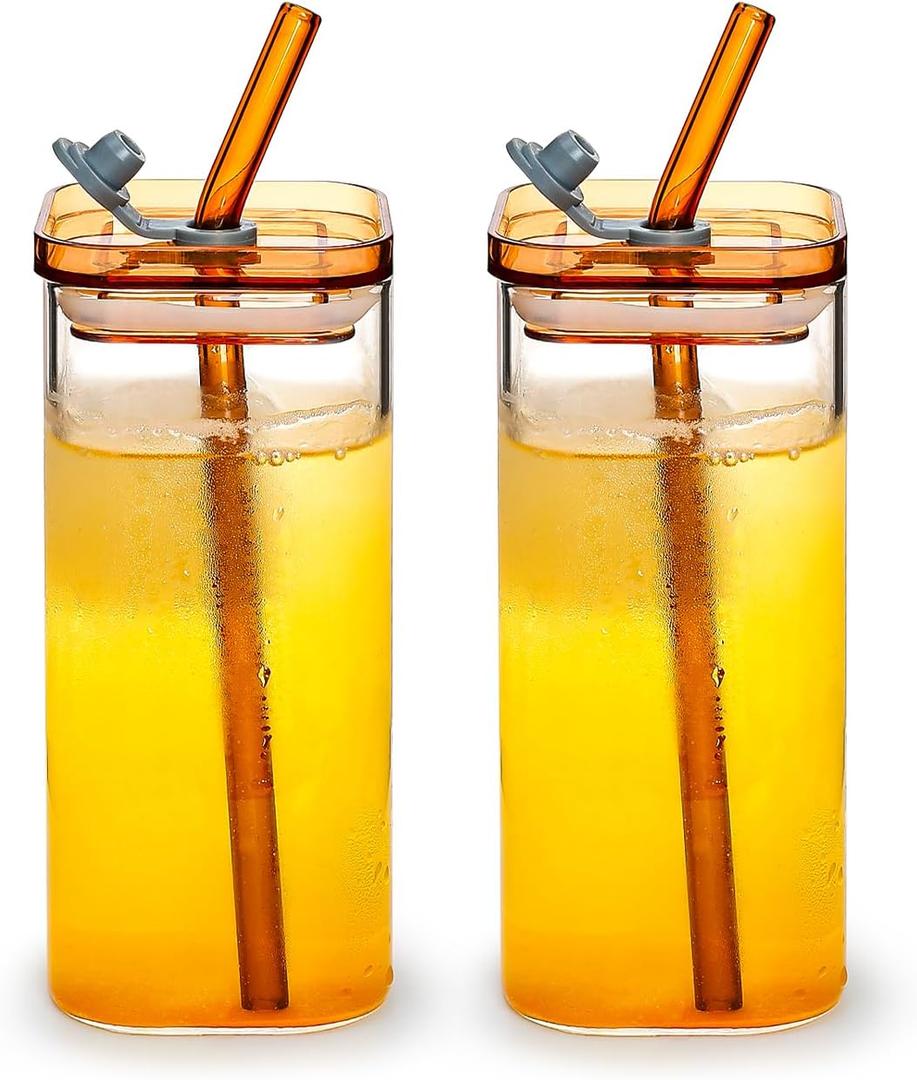 Koythin 2-Piece Glass Cups with Lids and Straws, Iced Coffee Cup, Glass Tumbler, 12 oz/350 ml Clear Square Drinking Glasses for Coffee Bar Cocktail Beer Soda and Matcha (Amber)