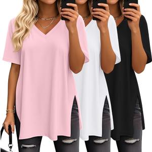 Huukeay 3 Pack Oversized Shirts for Women V Neck Workout T Shirt Casual Side Split Tee Short Sleeve Loose Tops Tunic Tops (X-Large, Black, White, Pink)