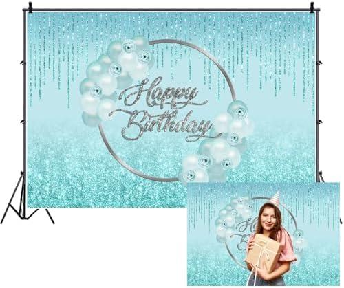 Renaiss Teal Green Happy Birthday Backdrop for Women 10x6.5ft Aqua Green Rose Teal Balloons Glitter Photography Background for Woman Bday Party Decorations Fabric Photo Studio Video Prop