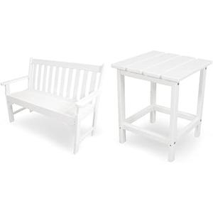 POLYWOOD GNB48WH Vineyard 48" Bench, White & ECT18WH Long Island 18" Side Table, White