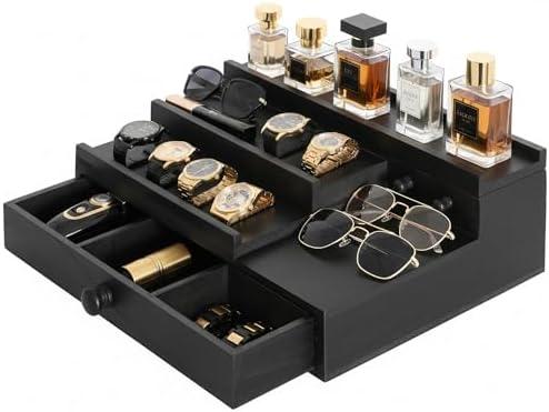 Cologne Organizer for Men,Solid Wood Cologne Stand with Drawer and Hidden Compartments, Nightstand Organizer,Dresser Drawer Organizers,Organizador de Perfumes,Perfume Stand Organizer for Bedroom,Black