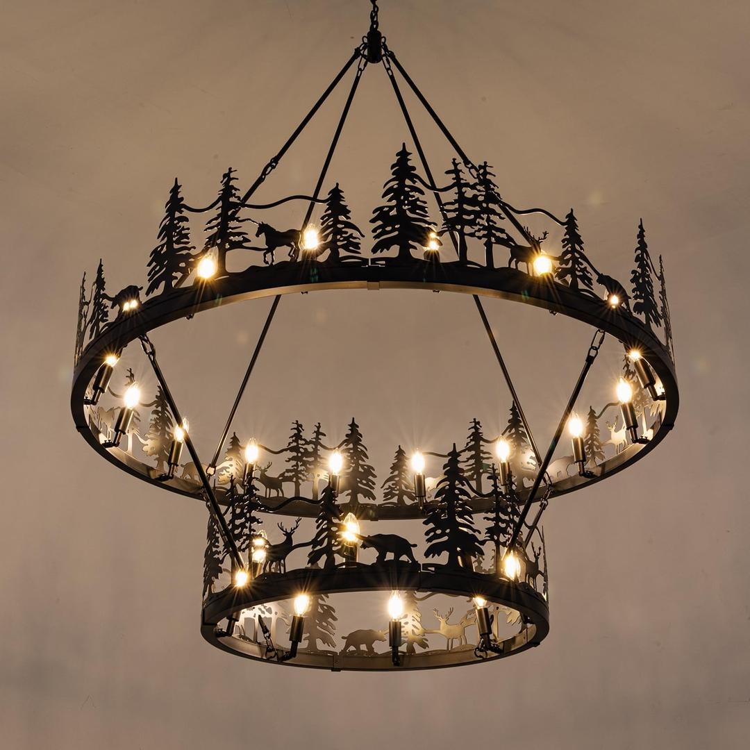 Wellmet 2-Tier Black Wagon Wheel Chandelier, Forest Wagon Wheel Chandelier, Farmhouse Rustic Pendant Light for Dining Room, for Living Room, Bedroom, Entryway, Hallway, Cafe, Bar 50''W