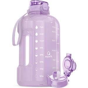 AQUAFIT Half Gallon Water Bottle with Time Marker - Straw & Chug Lid - BPA Free Gym Water Bottle with Straw - Big Gallon Jug (Lilac, 64 oz - 2in1 Lid)
