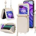 Asuwish Phone Case for Motorola Razr 2024/Moto Razr 50 Wallet Cover with Credit Card Holder Zipper Slot Shoulder Crossbody Strap Lanyard RFID Blocking Slim Cell Purse Razr2024 5G Women Girls Off White