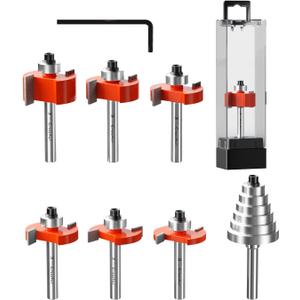 Crosstar 6Pcs Rabbeting Router Bit Set with 6 Bearings - 1/4" Shank Carbide Tipped Bits for Woodworking - Includes 1/4", 5/16", 3/8", 1/2", 3/16", 5/8" Height Cutters & 6 Sizes Bearings
