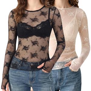 Women's Lace Tops Mesh Sheer Long Sleeve See Through Undershirt (XL)