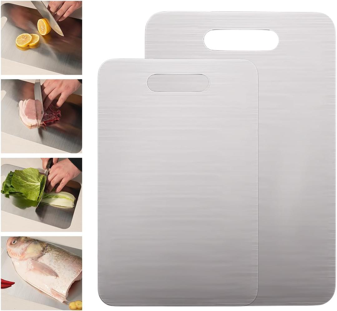 Stainless Steel Cutting Board, 2 PCS Cutting Boards for Kitchen, Stainless Non Stick Chopping Cutting Board for Meat Fruit & Vegetable (15.3 x 11, 13.4 x 9 in)