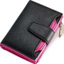 Small Wallet Women RFID Blocking Soft Leather Bifold Compact Card Holder Wallet for Women with Zipper Coin Pocket 4 ID Window (Colorblock - Black/Rose Red)