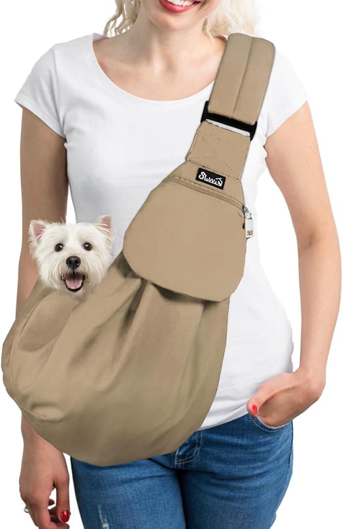 SlowTon Dog Carrier Sling - Thick Padded Shoulder Strap Adjustable Dog Carriers for Small Dogs, Puppy Carrier Purse for Pet Cat with Front Zipper Pocket Safety Belt Machine Washable (BRN, M) (L-Brown Water-Resistant)