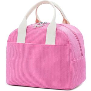 Insulated Vintage Pink Lunch Bag for Women, Stylish Corduroy Tote with Aluminum Lining, Large Capacity Reusable Cooler for Work, Travel, or Beach, Beige Cream Water-Resistant Lunch Box