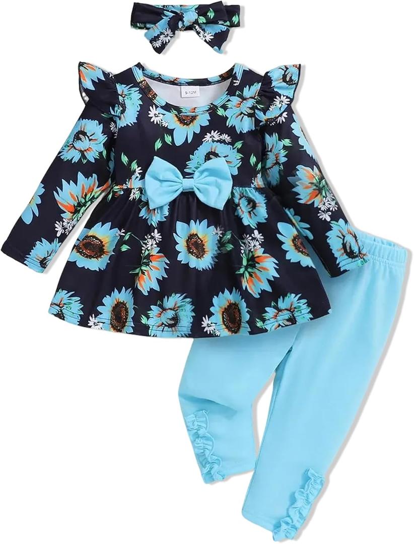 Toddler Baby Girl Clothes Infant Girl Outfits Fall Ruffle Floral T-Shirt Top Pants Set Winter Spring Clothes (18-24 Months, W-black-flow-blue)