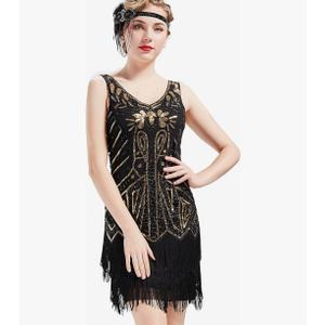 BABEYOND Women's Flapper Dresses 1920s V Neck Beaded Fringed Great Gatsby Dress, Size: S