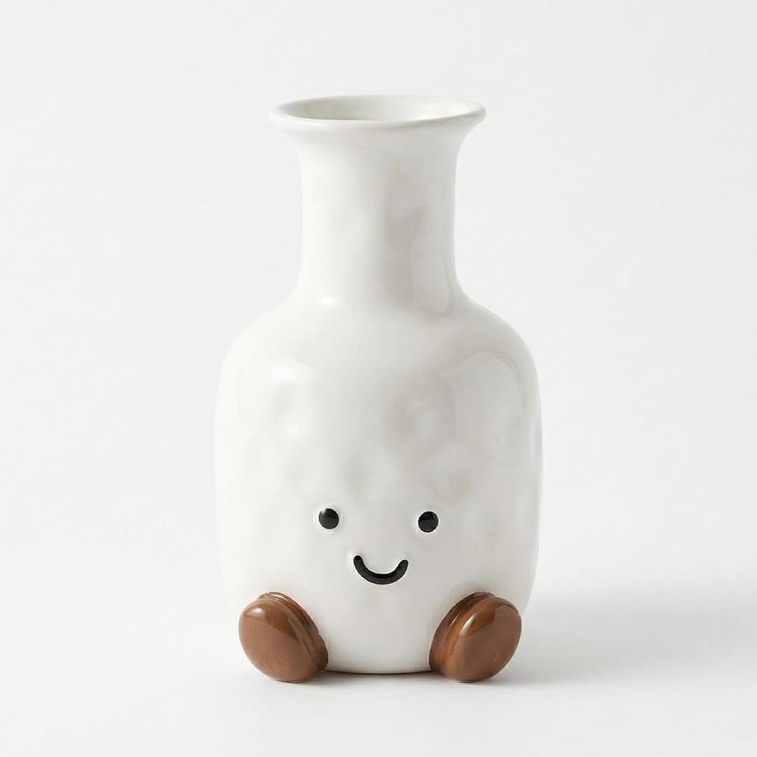 Cute Smile Face Vase White Ceramic Cute Flower Vase for Home Decor, Modern Decor Vase for Living Room Bedroom, for Women Friends Family