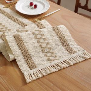 Niviy Boho Table Runner with Tassels 12 x 36 Inches Long, Cream & Brown Rustic Farmhouse Table Runner with Tassels for Home Kitchen Holiday Party and Wedding Decor Runner