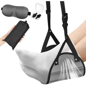 Yerliker Airplane Foot Hammock(Memory Foam) with Earplugs and Eye Mask Travel Necessities Adjustable Airplane Desk Foot Rest for Long Trip Pain and Swelling Relief(Gray)