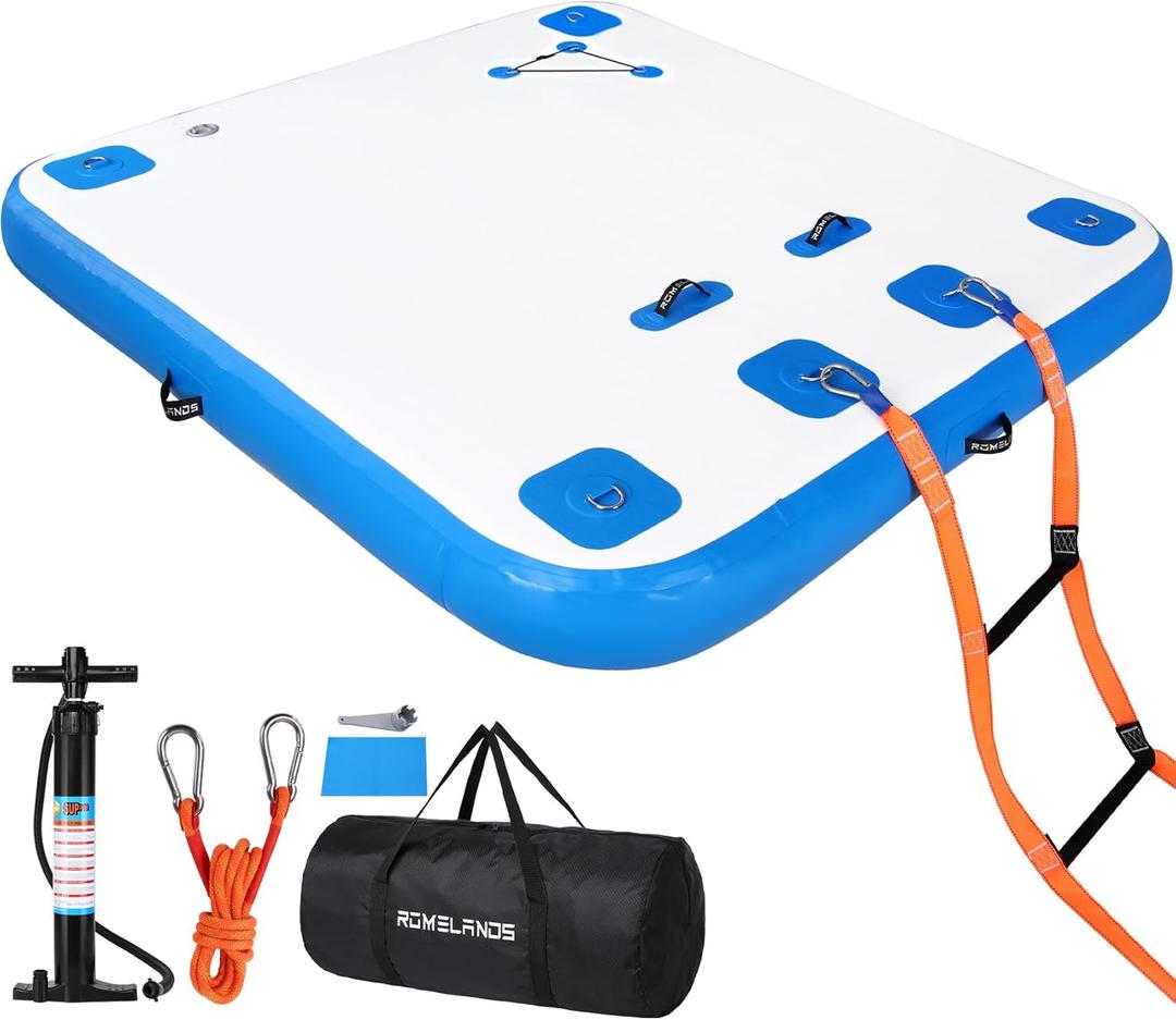 Inflatable Floating Dock, Swim Platform Floating Island Raft, Large Air Mat Inflatable Water Pad with None-Slip Surface for Lake Pool Beach Ocean (White+Blue)