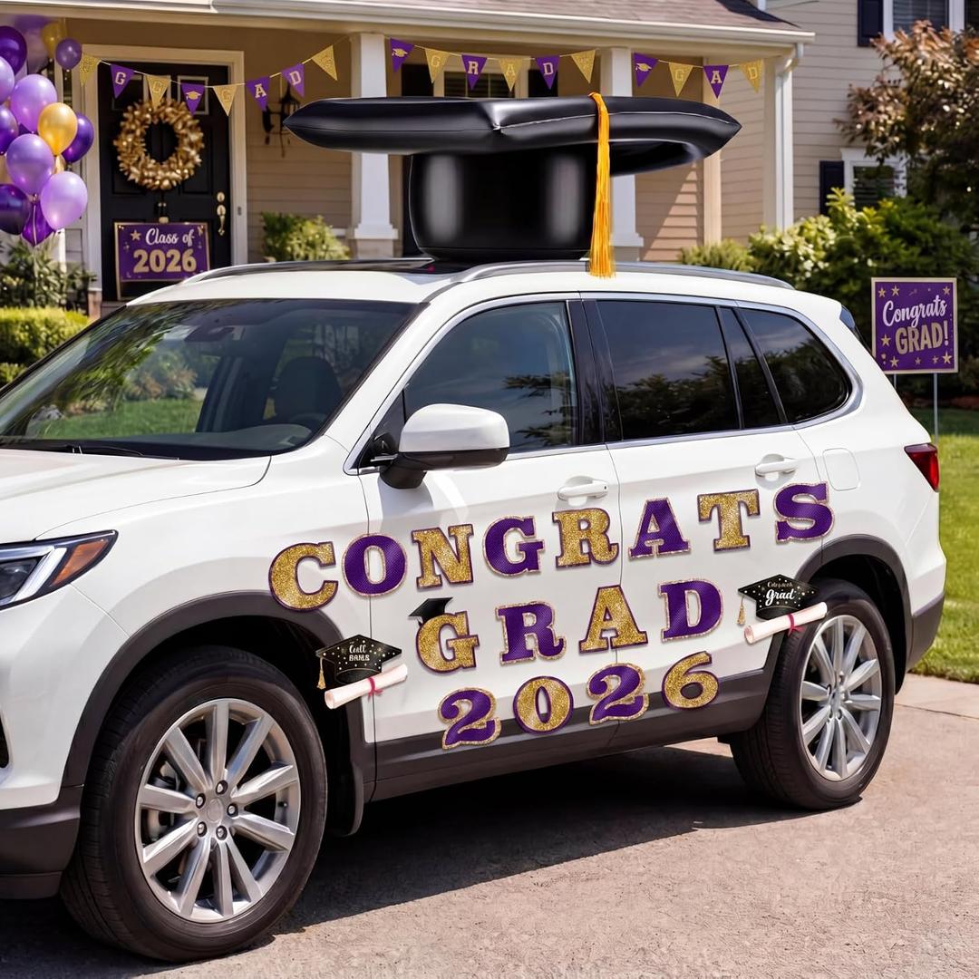 Xuhal 2026 Graduation Car Decoration 23'' Large Inflatable Grad Cap Car Decor Congrats Grad Letter 2026 PVC Inflatable Cap for Senior High School College Graduation Parade Party Decor(Purple, Gold)