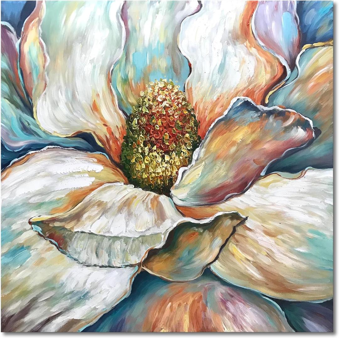 Modern Abstract Magnolia Oil Painting - Large Canvas Art, 30x30 Inch, Hand-Painted Home Wall Decor