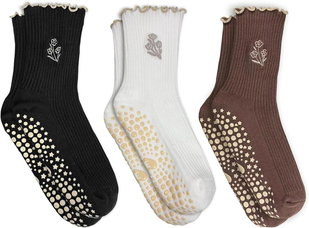 3 Pairs Cute Pilates Grip Socks for Women, Ruffle Yoga Non Slip Barre Socks for Workout & Dance