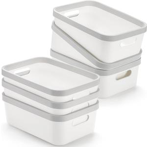 Elsjoy Set of 6 Plastic Storage Bin, 10"x 7"x 4" Classroom Storage Basket Cabinet Storage Bin with Handle, White Shelf Organizer Bins for Bathroom, Office, School