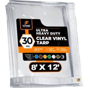 8' x 12' Clear Vinyl Tarp - 30 Mil Super Heavy Duty Transparent Waterproof PVC Tarpaulin with Brass Grommets - for Patio Enclosure, Temporary Wall, Camping, Tent Cover, Canopy - by Xpose Safety (8 Feet x 12 Feet)