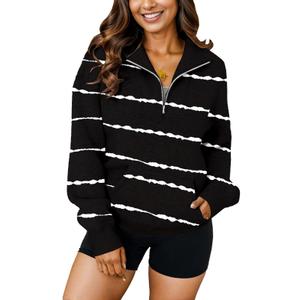 YeGine Womens Sweatshirt Oversized Quarter Zip Pullover Half Zip Long Sleeve Top Black and White Striped XL (XL)