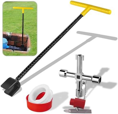 FANOVO 17 Inch Water Meter Key Shut Off Tool with 4-way Multi-Functional Utilities Key, Steel T-Handle Water Meter Wrench for Curb Main and Water Meters, Underground Stop or Waste Valves