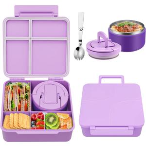 Bento Lunch Box for Kids with 8oz Soup Thermo,Kids Leakproof Lunch Food Containers with 4 Compartment,Kid Insulated Thermo Hot Food Jar for School,Travel-Purple