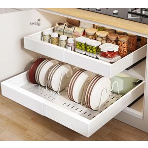 2 Pack Pull out Cabinet Organizer 21"Deep With Raising Pad for Framed Cabinets, Expandable Slide out Drawers for Kitchen Cabinets with 4pcs Divider Racks, Roll out Shelves 12.1"-20.4" W White