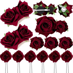 Waydress 12 Pieces Rose Flower Hair Clip Rose Brooch Floral Clips Mexican Flower Hair Pins Accessories for Women Mother's Day Gifts Flamenco Dancer Bridal Wedding Party Supplies (Burgundy, Red)