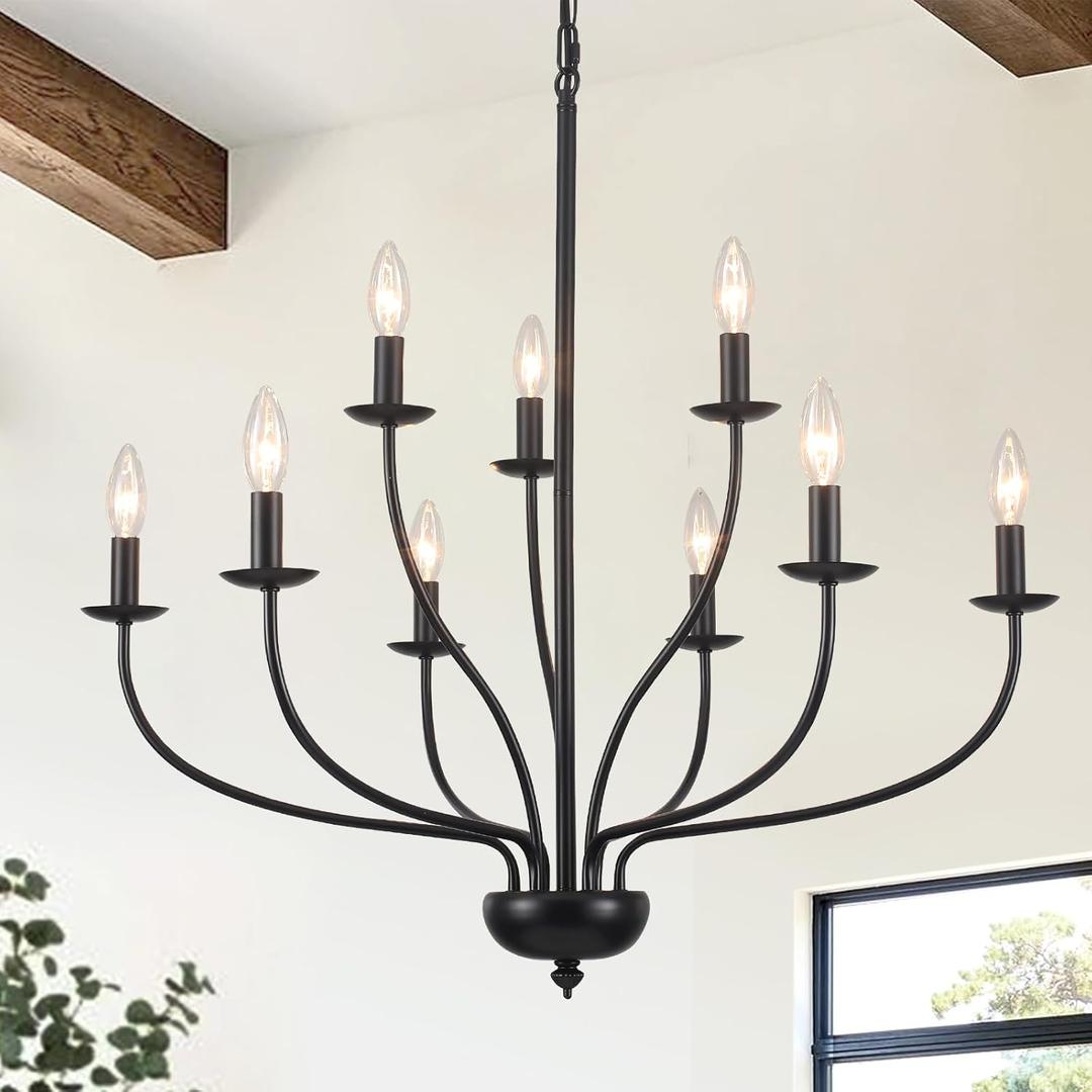 Black Chandelier 9 Light, Modern Farmhouse Chandeliers for Dining Room, Industrial Candle Pendant Lighting Fixture for Foyer Hallway Entryway High Ceiling, Bedroom, Living Room, Kitchen