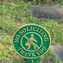 No Soliciting Thank You Yard Sign, Green and Gold Aluminum Metal Lawn Sign, Heavy-Duty 11.22" x 6.18" Round Sign with Raised Letters, Integrated Ground Stake for Easy and Stable Installation.