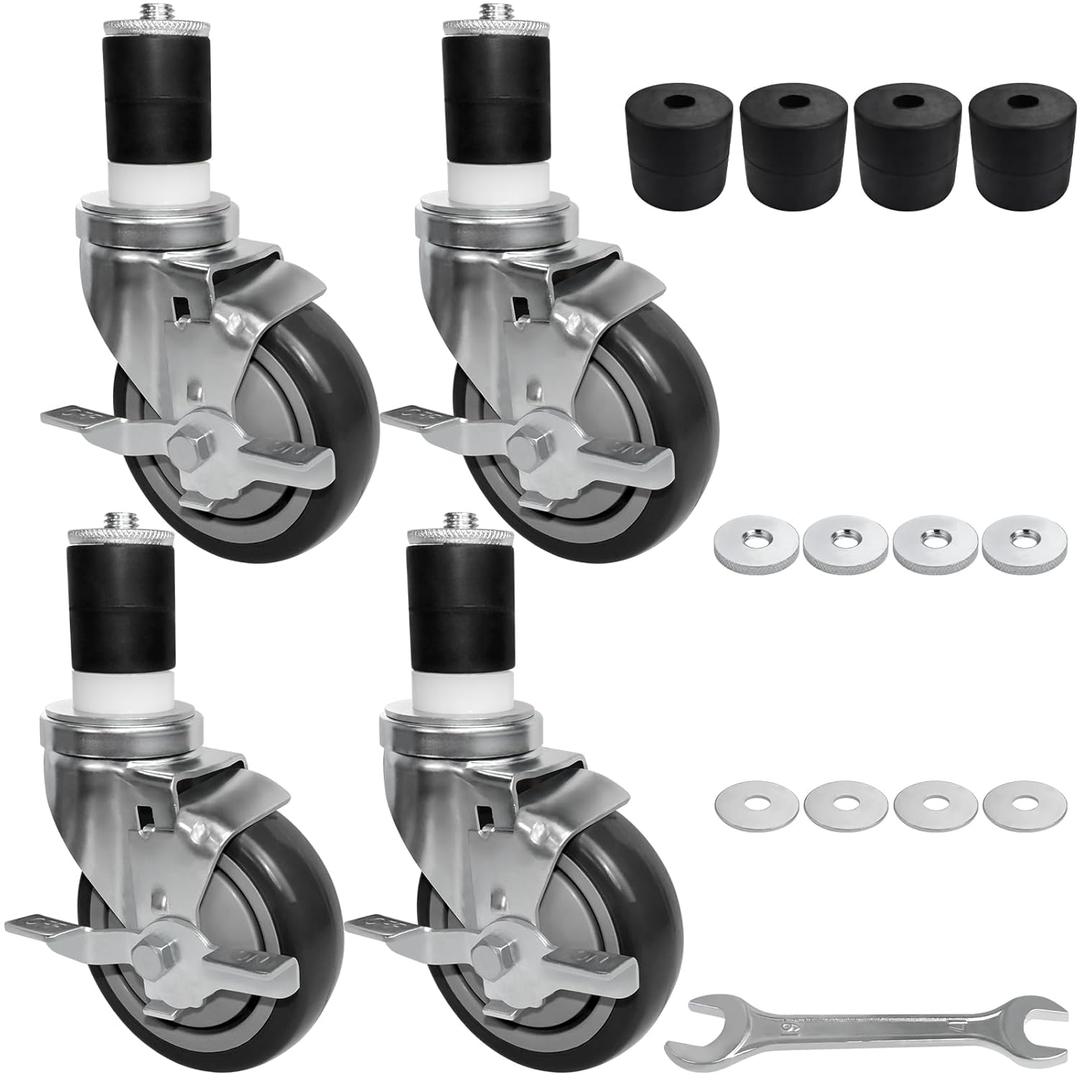 MySit 3 Inch Expanding Stem Casters Set of 4, Heavy Duty Caster Wheels with Side Brake, Fit 1-1/2", 1-5/8", 1-3/4", 1-7/8" Stainless Steel Furniture Legs for Commercial Kitchen Prep Table