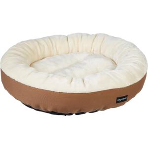 Amazon Basics Round Bolster Pet Bed for Dog or Cat with Flannel Top, 20.0" L x 20.0" W x 8.0" Th, Brown and Ivory