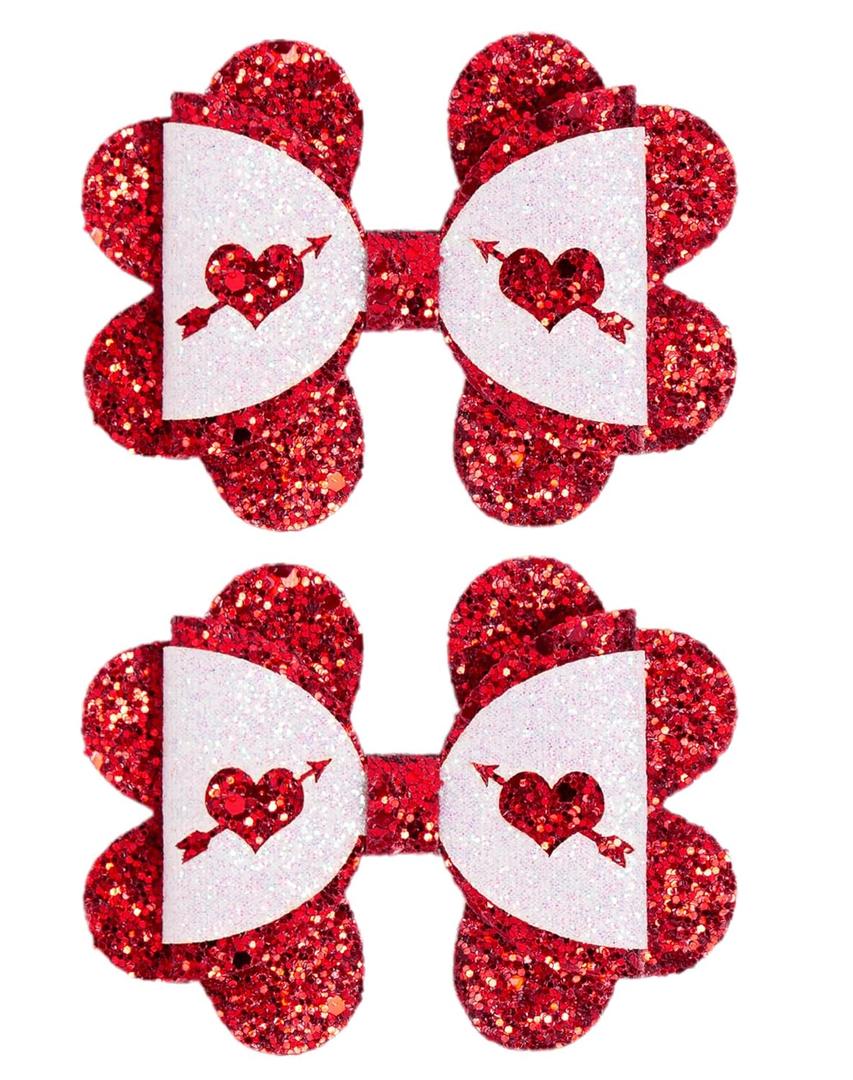 2 x 2 Pack Valentine Glitter Bow Hair Clips for Women, 3.542.56 Inch Heart Pattern Hair Bows Clips, Sparkly Pink Hair Barrettes for Daily Wear, Party Decor (Red)