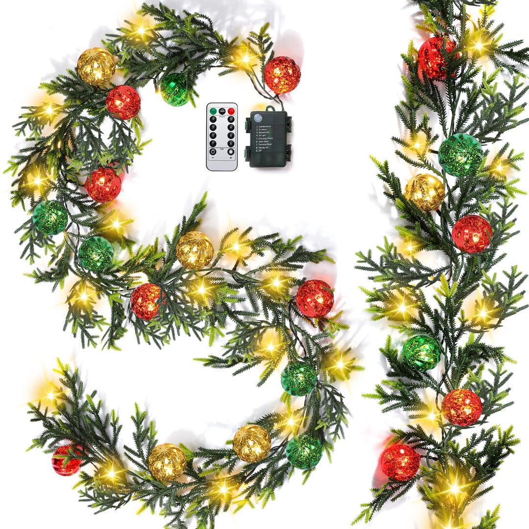 Ceenna 2 Pcs Prelit Christmas Garland with Lights, 12ft 20 Christmas Balls LED Battery Operated Lighted Garland with 8 Modes Timer Remote for Mantle Fireplace Christmas Stairs Decorations(Multicolor)