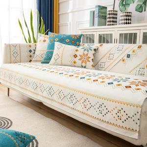 Boho Chenille Couch Covers,Geometric Couch Covers for Sofa,Chenille Couch Cover Non Slip,Sectional l Shaped Sofa Furniture Protector Cover for Home Decor,Off-White_4 Seat 43x94in/110x240cm