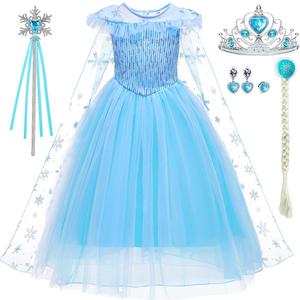 iTVTi Elsa Costume for Girls Toddler Elsa Dress Princess Halloween Birthday Outfit Blue Party Dress up with Accessories (6-7 Years)