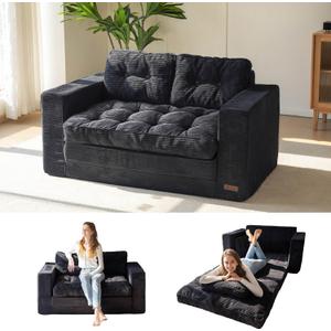 MAXYOYO Convertible Sofa Bed, Pull Out Loveseat Sleeper Sofa, 2 in 1 Folding Couch Bed, Fold Out Floor Couch with Pillows for Living Room Bedroom Lounge, Black (Large)