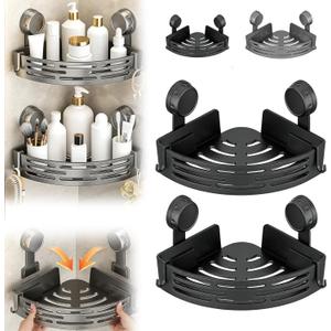 Suction Cup Corner Shower Shelf, No-Drill Bathroom Corner Shelf, Corner Shower Storage Rack, Without Damaging Walls, Resists Water and Humidity, Reduce Clutter (Black*2)