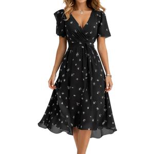 Summer Dresses for Women 2026 Floral Chiffon Dress Casual Short Sleeve Empire Waist Midi Dress Beach Vacation Outfits (Black, M)