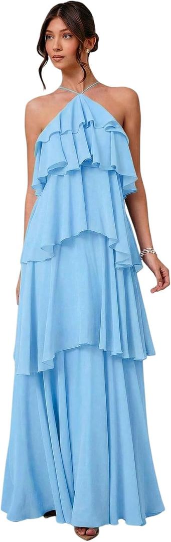 SOLY HUX Women's Sundresses Ruffle Layered Halter Flowy Maxi Dress Elegant Wedding Guest Dresses (Blue, Large)