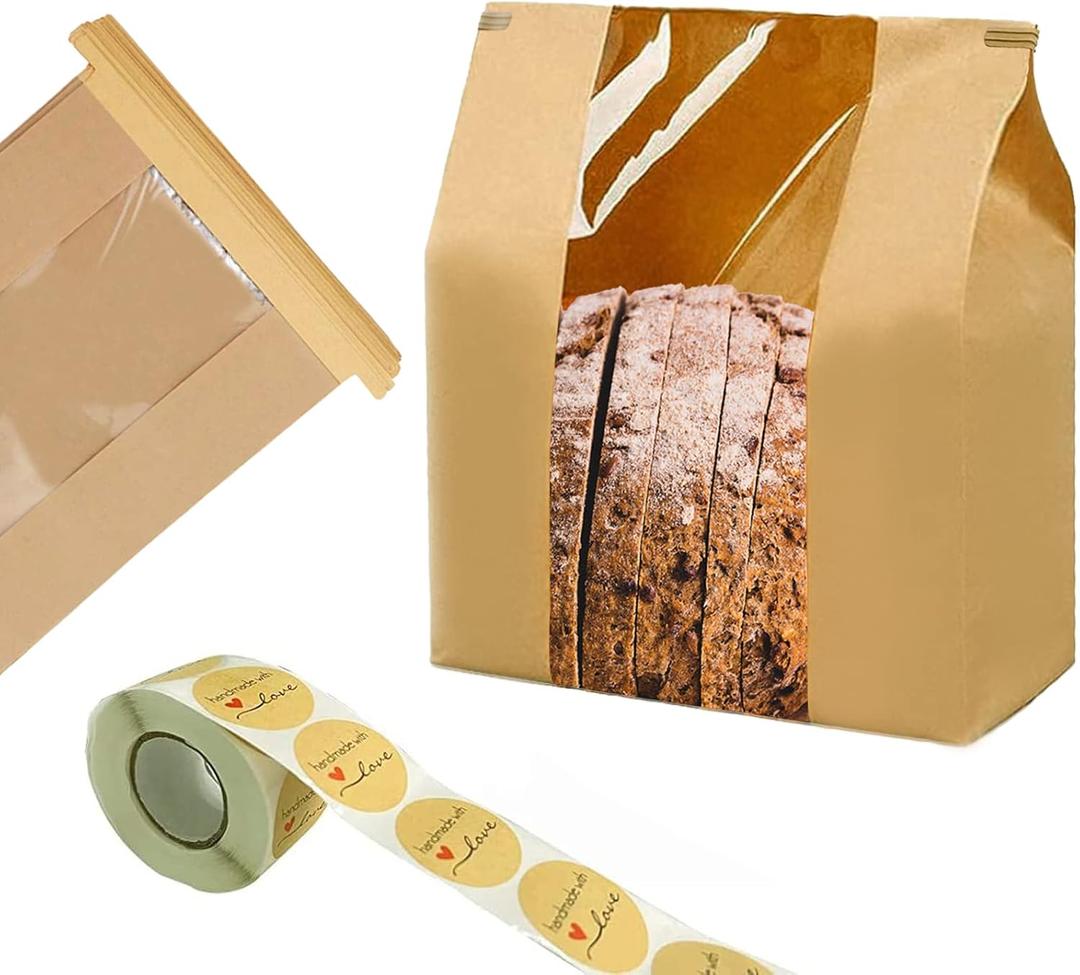NOONEAST 50 Pack Large Kraft Paper Bread Bags for Homemade Bread Sourdough Bags 14" x 8.3" x 3.5" with Tin Tie Tab Lock Clear Front Window Bakery Bag Packaging Cookie Bag with Label Seal Stickers