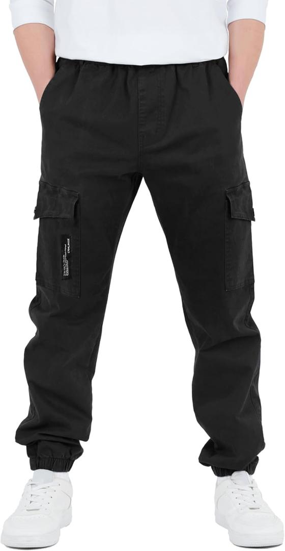 CAMLAKEE Boys Cargo Pants Stretch Elastic Waist School Kids Twill Joggers (14-16 Years, Black)