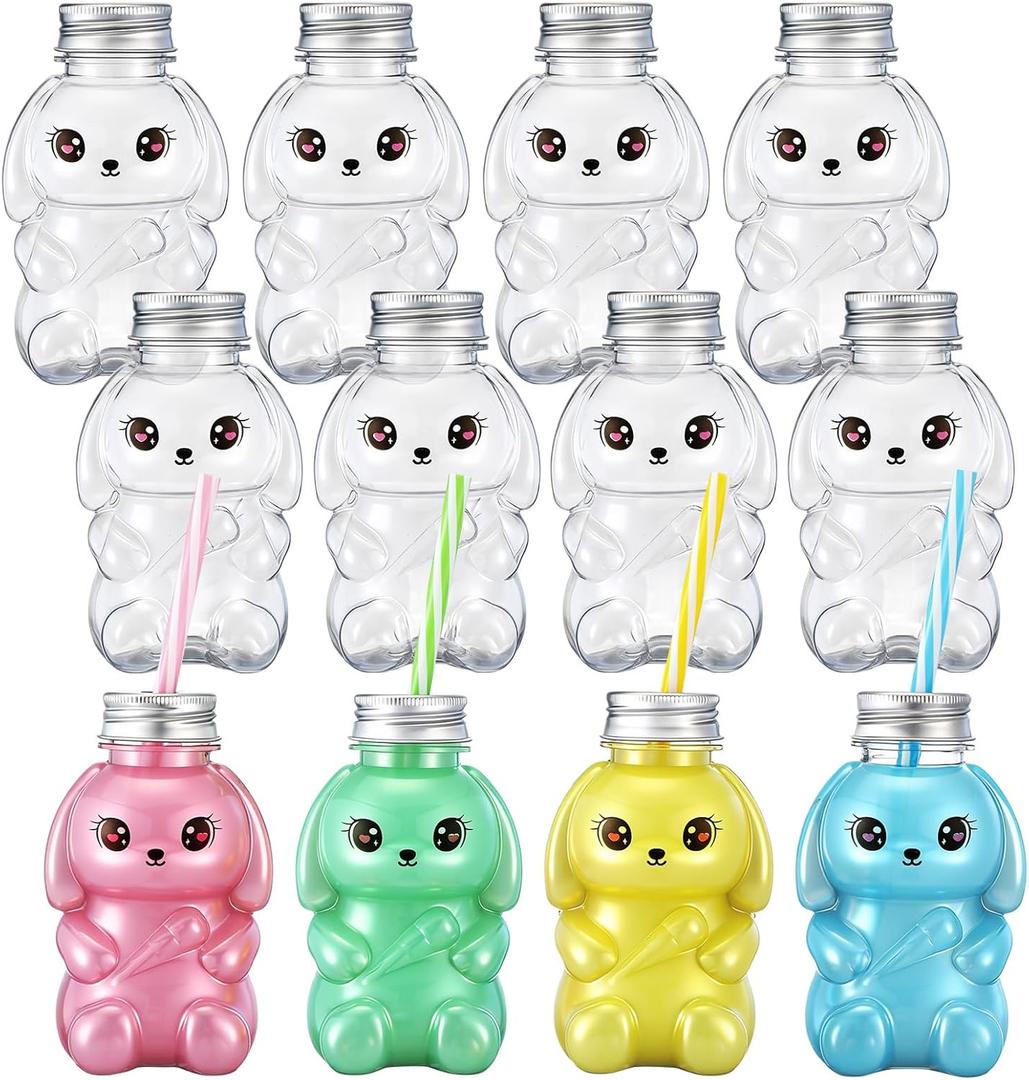 Baderke 12 Pcs Easter Bunny Rabbit Plastic Cups with Lid and Straw 8.5oz Colorful Bunny Theme Cups Spring Beverage Drinking Bottles for Easter Party Supply Anniversary Wedding Birthday Dinner